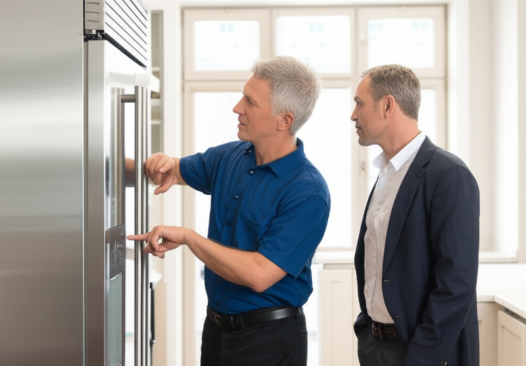 Technician consulting with customer about appliance repair