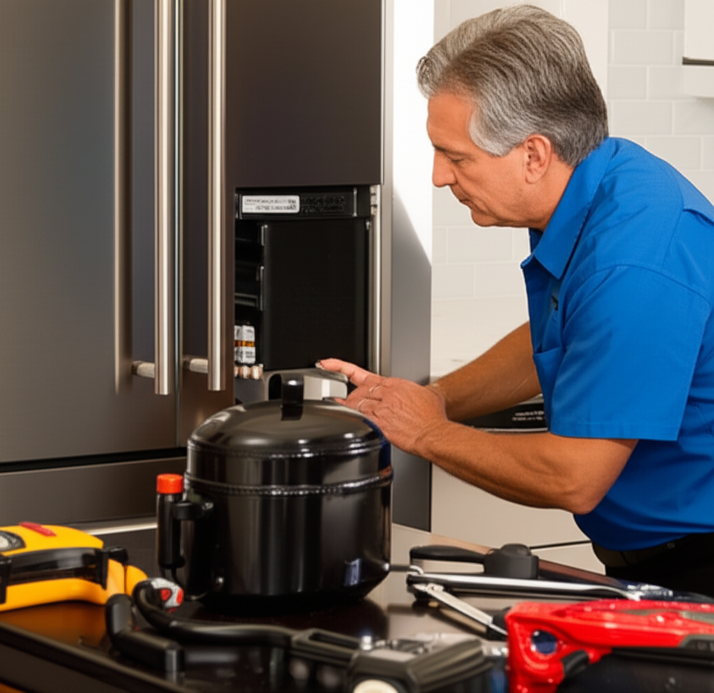 Expert technician repairing a Sub-Zero refrigerator