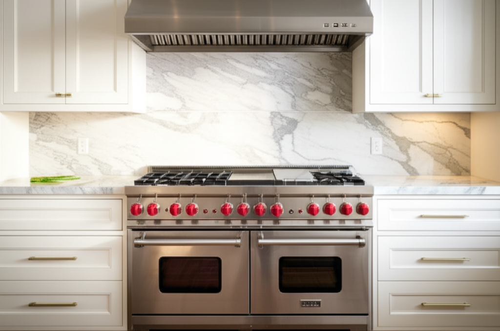 Wolf professional gas range in luxury kitchen